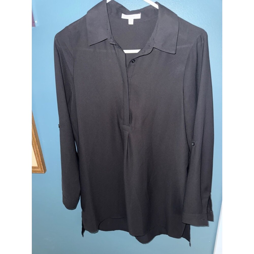 Pleione Black Long-Sleeve Split-Hem Popover Blouse